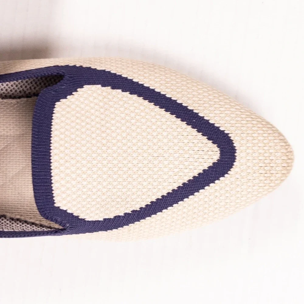 Birdies Blackbird Loafers Womens 7.5 Beige Navy Washable Knit Flats Pointed Toe